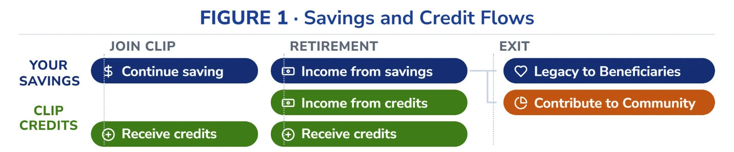 Figure 1, Savings and Credit Flows. A timeline with three stages: join CLIP, retirement, and exit. Your savings: continue saving when you join; income from savings in retirement; and at exit, either a legacy to beneficiaries or a contribution to the community. CLIP credits: receive credits when you join; income from credits in retirement while still receiving credits.